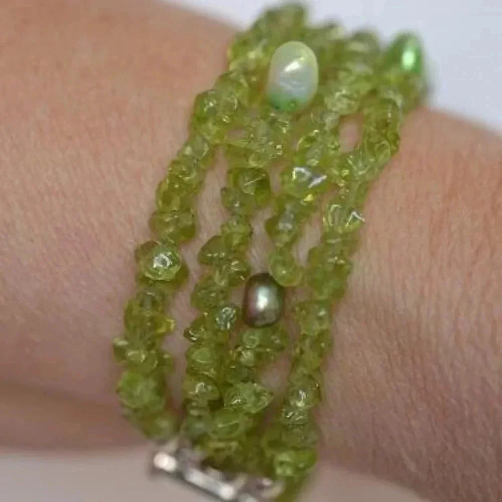 Peridot bracelet, Multi Strand Bracelet, Green Pearl Bracelet, August Birthday